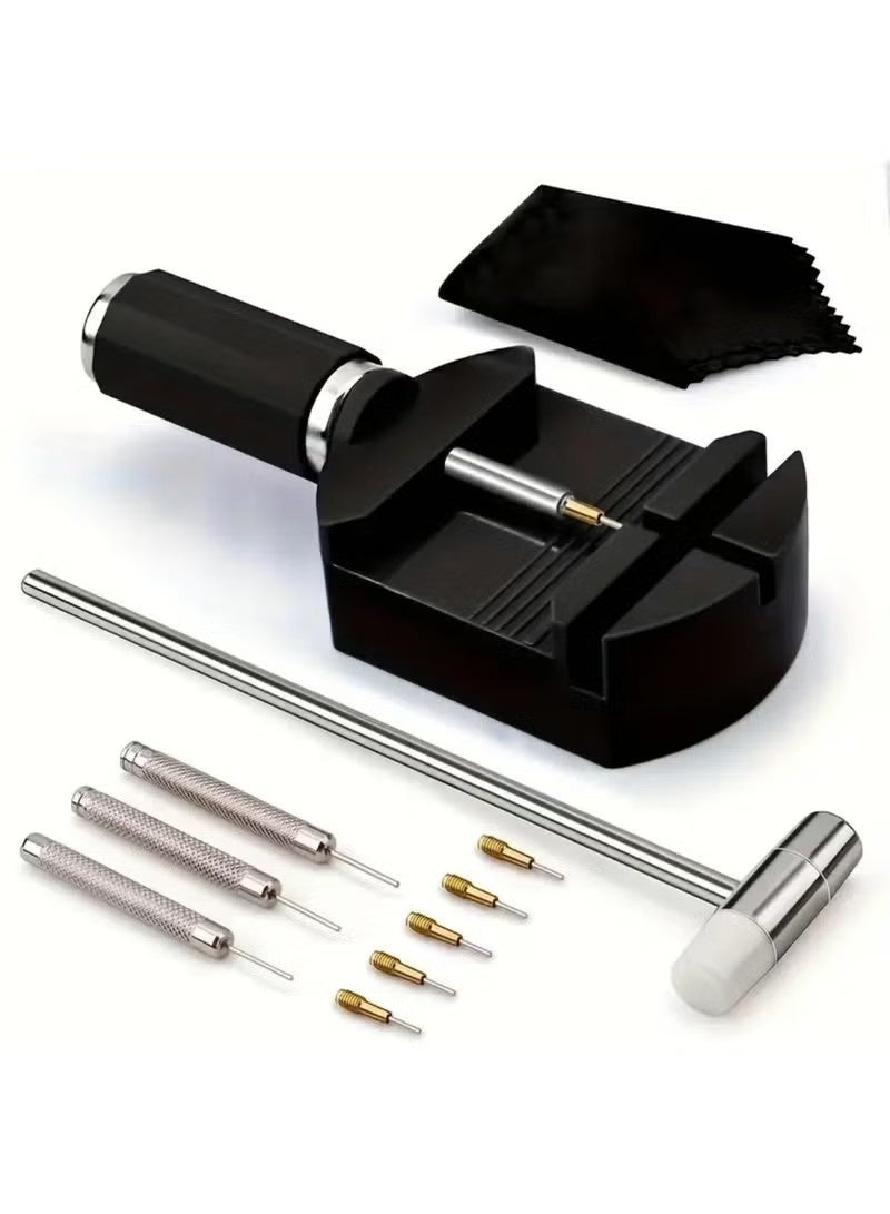 طقم إزالة وصلات سوار الساعة، طقم أدوات ضبط الساعة، أداة تعديل مقاس سوار الساعة، أداة إزالة دبابيس سوار الساعة، طقم إعادة ضبط مقاس الساعة مع أداة إزالة دبابيس الساعة، أداة ثقب دبابيس وصلات الساعة، مطرقة - Image 1